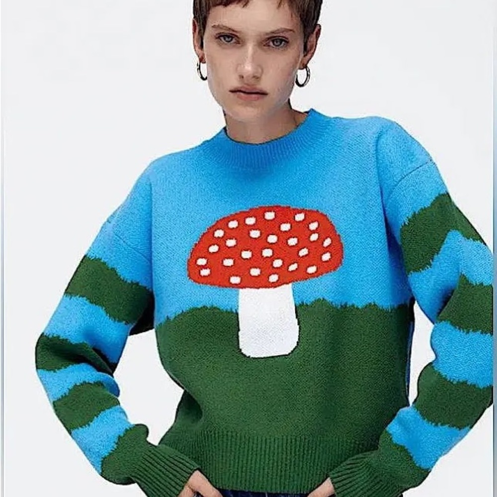 Zara Mushroom Toadstool Knit Sweater Size Medium Blue Green Pullover